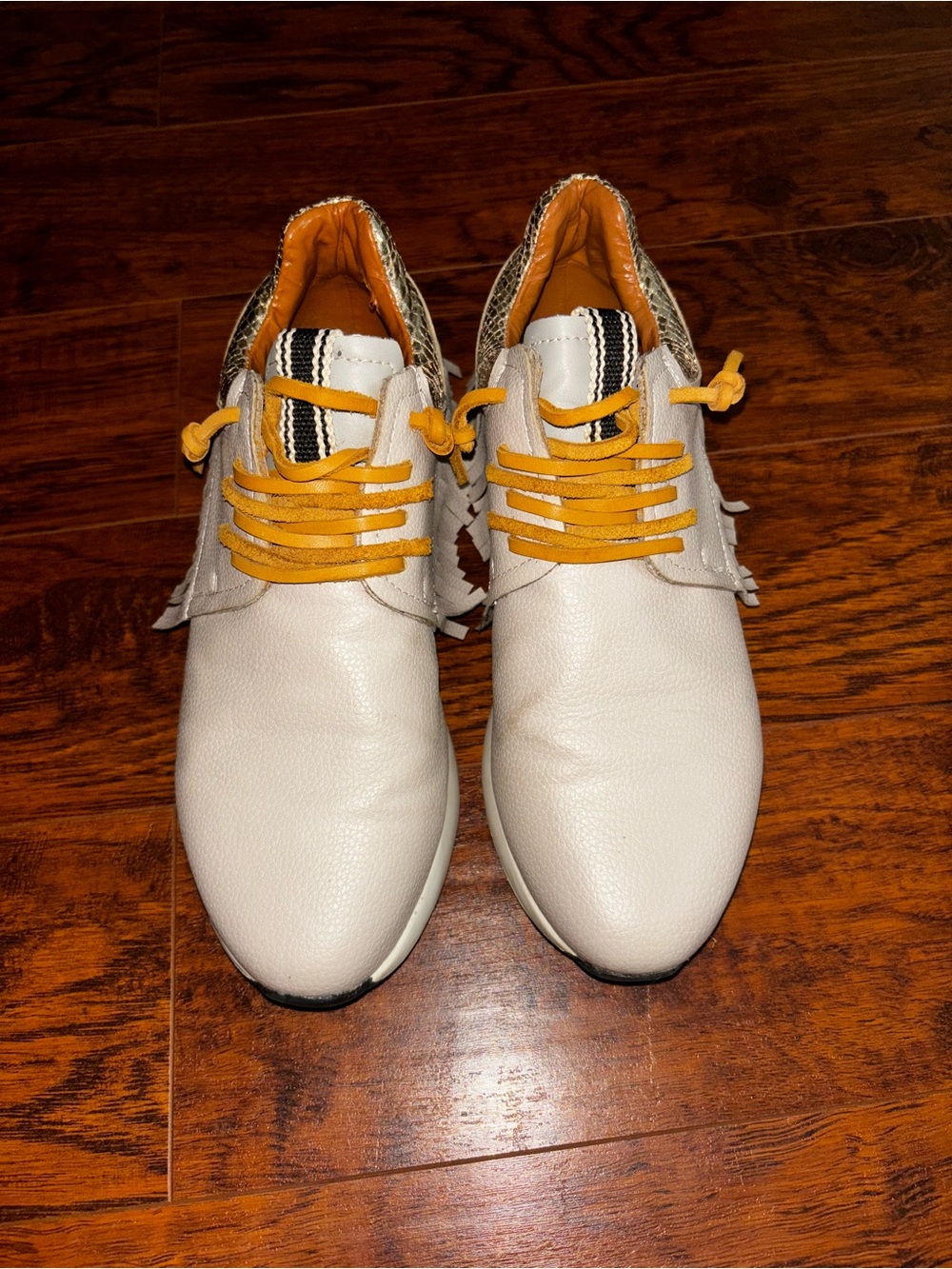 ShuShop Pepa Fringe Sneakers Gold Snakeskin Heel Bone Tan Western Shoes - Picture 3 of 14